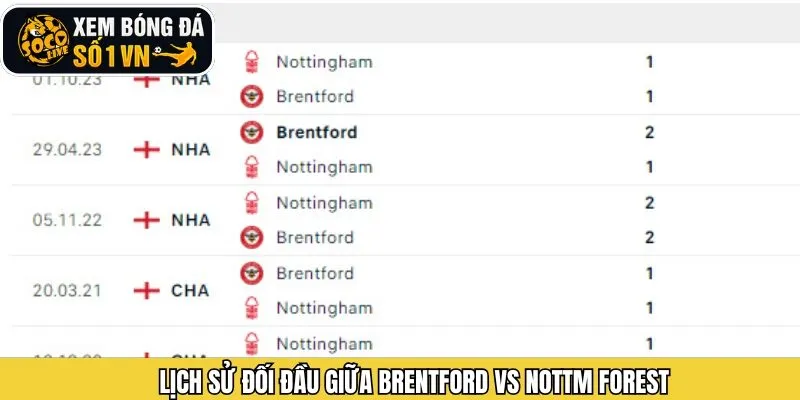 Thành tích chạm trán gần đây giữa Brentford và Nottm Forest